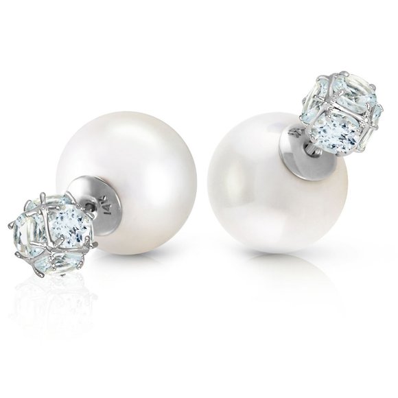 14K GOLD TRIBAL DOUBLE SHELL PEARLS AND AQUAMARINES STUD EARRINGS (White gold) - Picture 1 of 6